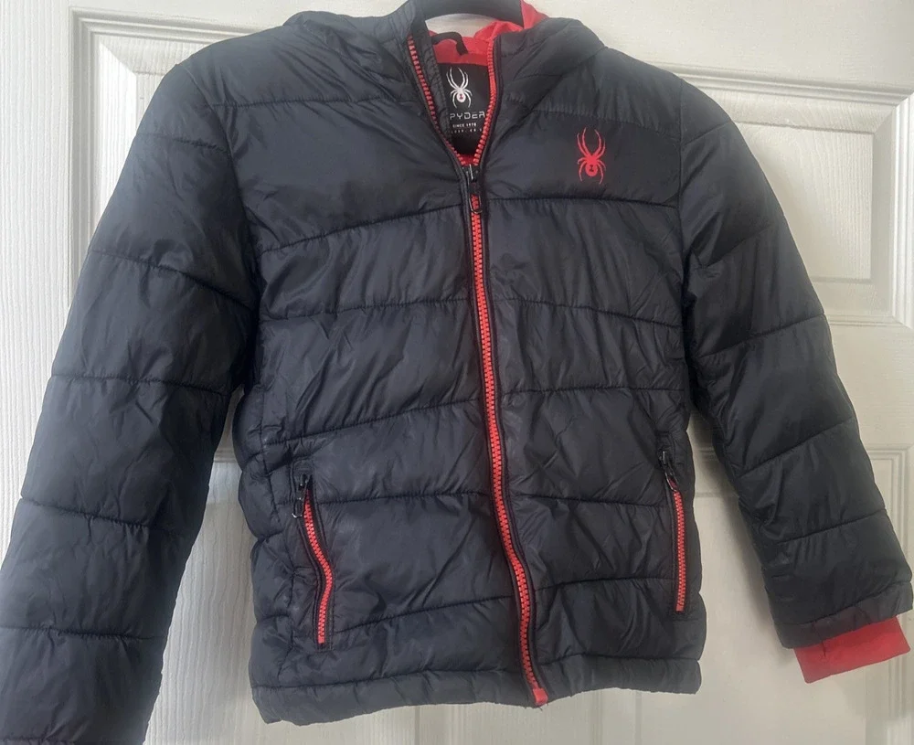 Spyder Puffer zip Jacket Boys xs 5/6 Black Red Kids Children's Ski winter Coat